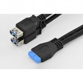 Cable adaptador USB 3.0 Y, 2 x tipo A - IDC de 20 pines H/H/H, 0,3 m, Super Speed, negro
